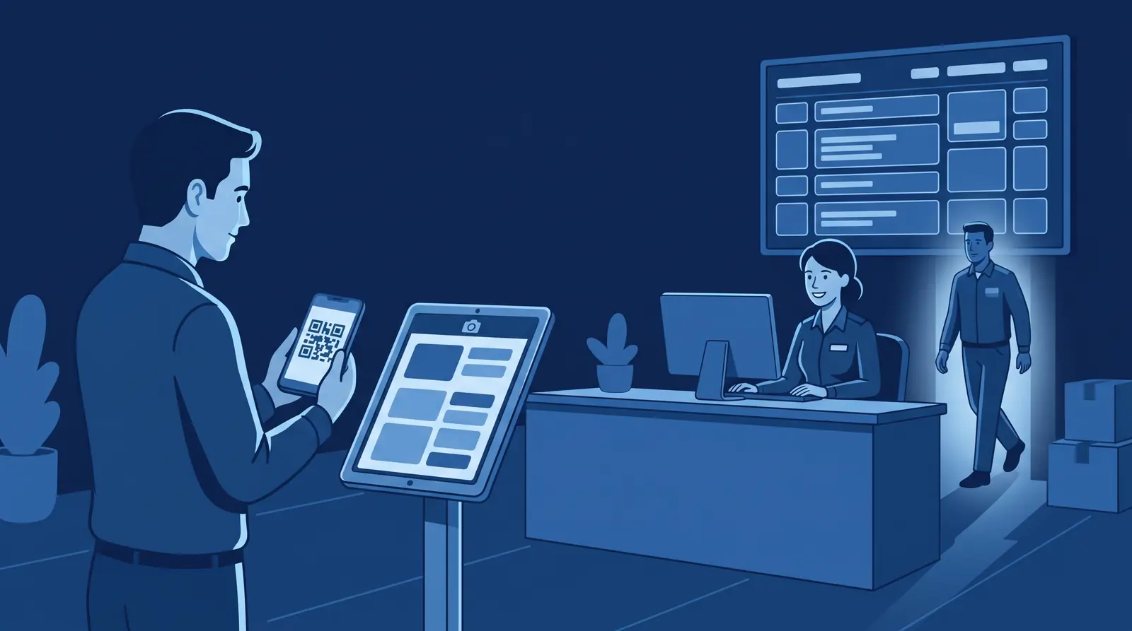 Visitante registrándose en un kiosko de tableta con un código QR en su teléfono mientras recepción observa
